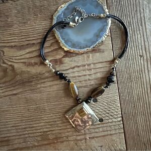 Chico’s Vintage Leather, Stone and Gold Tone Hammered Pendant Necklace